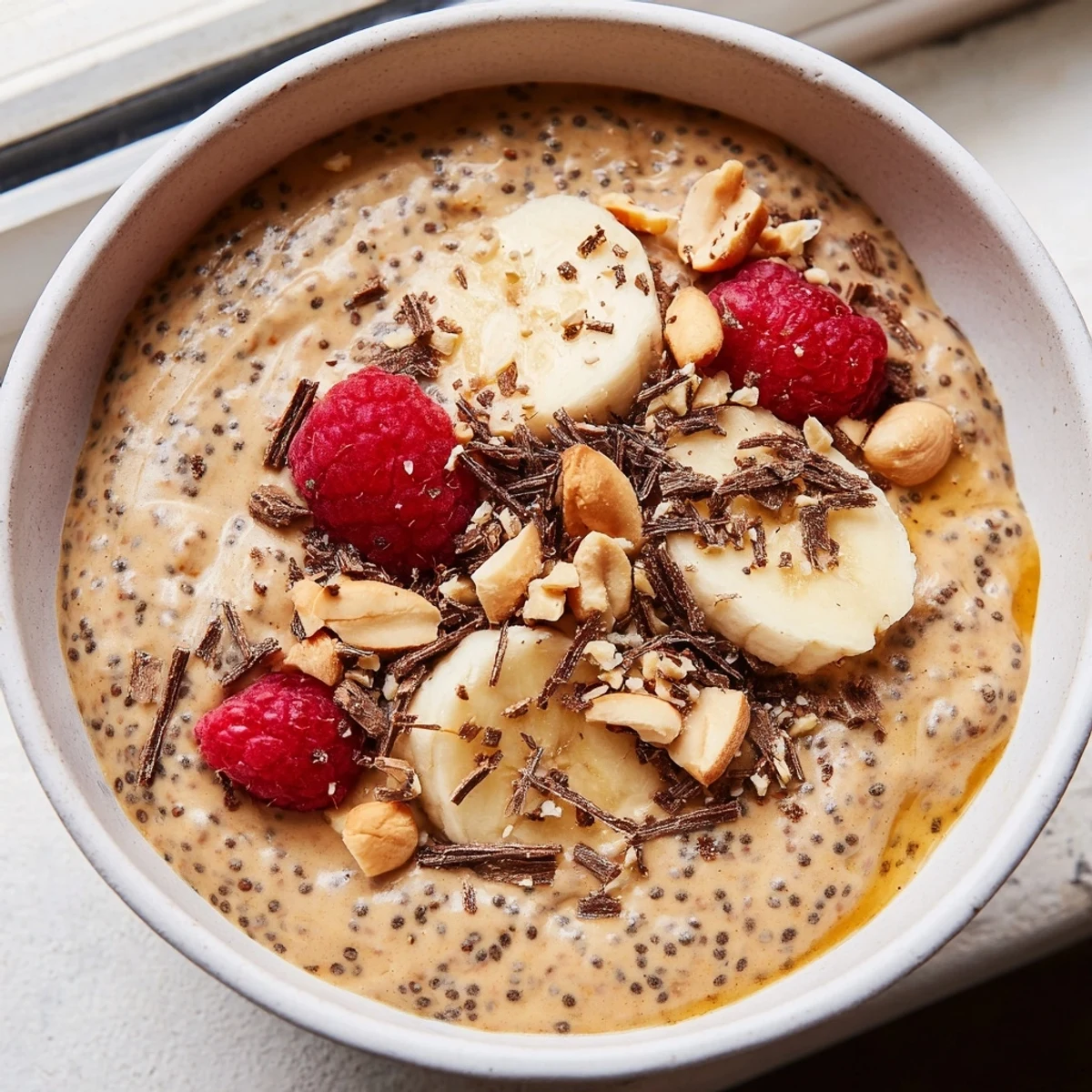 Creamy peanut butter chia pudding topped with sliced banana and roasted peanuts in glass jars