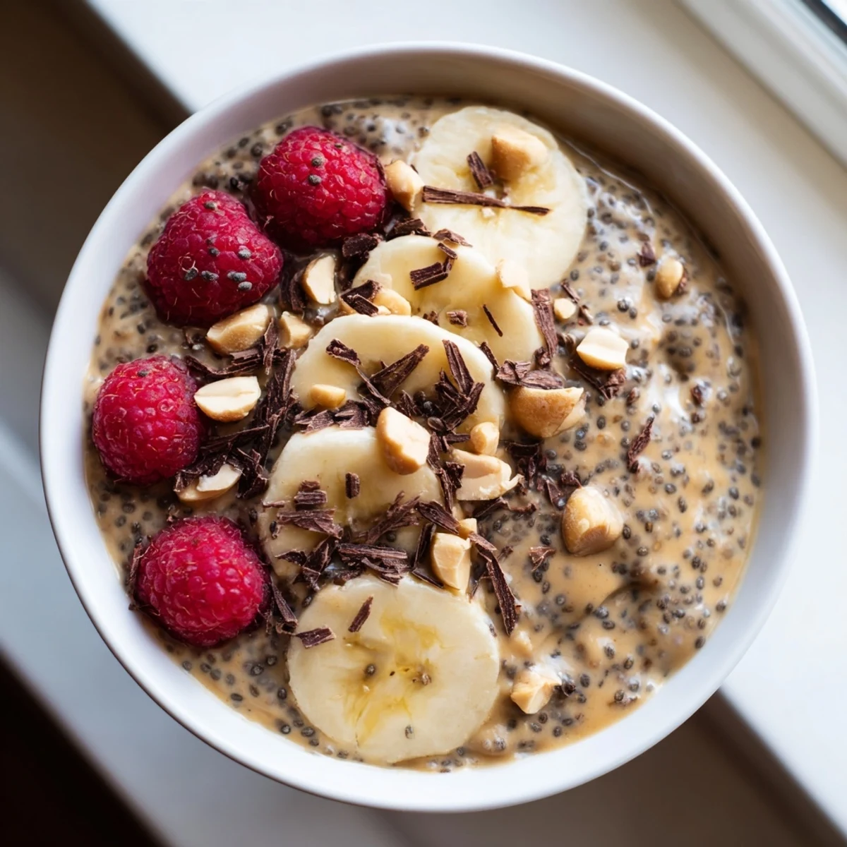 Thick chocolate-drizzled peanut butter chia pudding served in mason jars for healthy breakfast