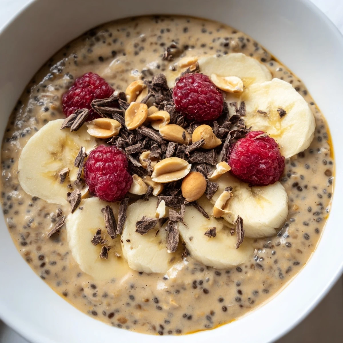 Rich and velvety peanut butter chia pudding crowned with fresh berries and chocolate shavings