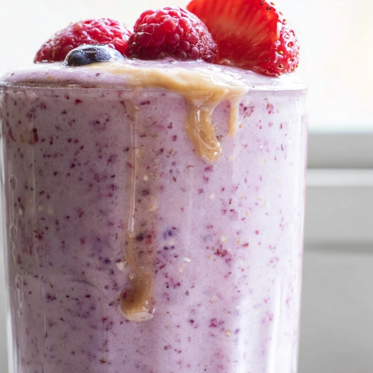 Creamy peanut butter berry smoothie poured into tall glasses topped with fresh berries and granola