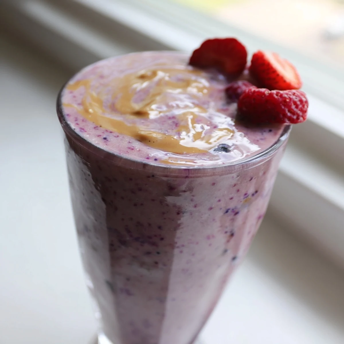Chilled peanut butter berry smoothie in mason jars garnished with a peanut butter drizzle and blueberries