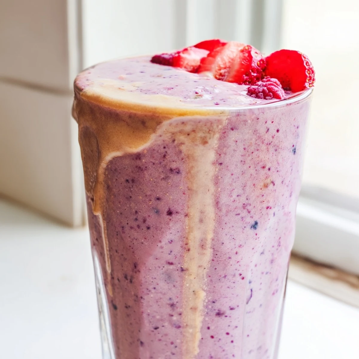 Thick purple peanut butter berry smoothie swirled in a blender beside ripe strawberries and banana