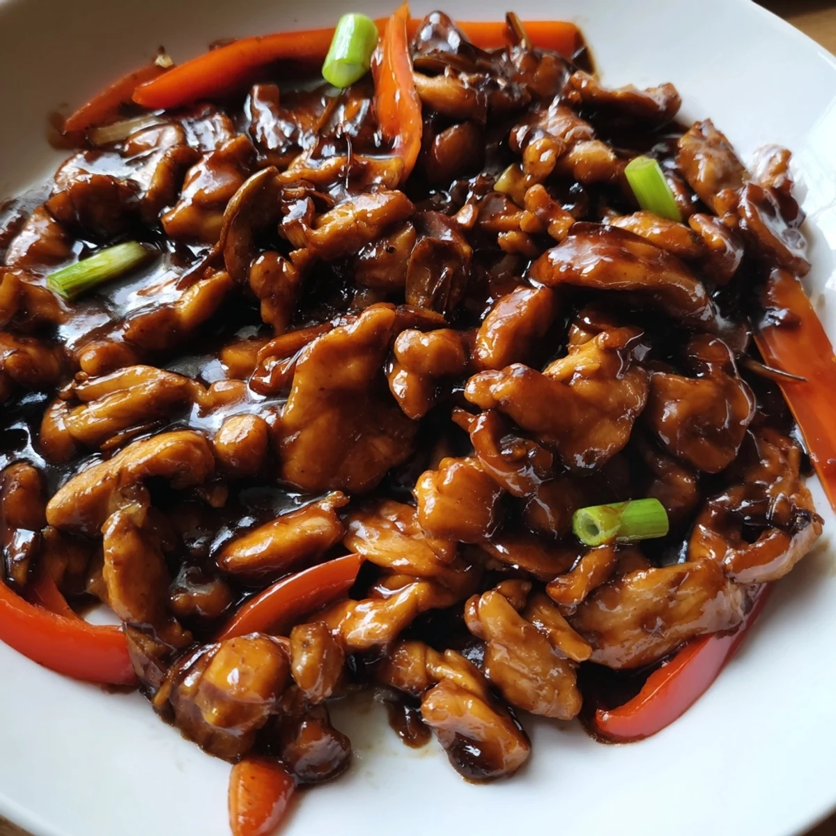 Tender stir fried Chinese garlic chicken coated in glossy sauce over steamed rice
