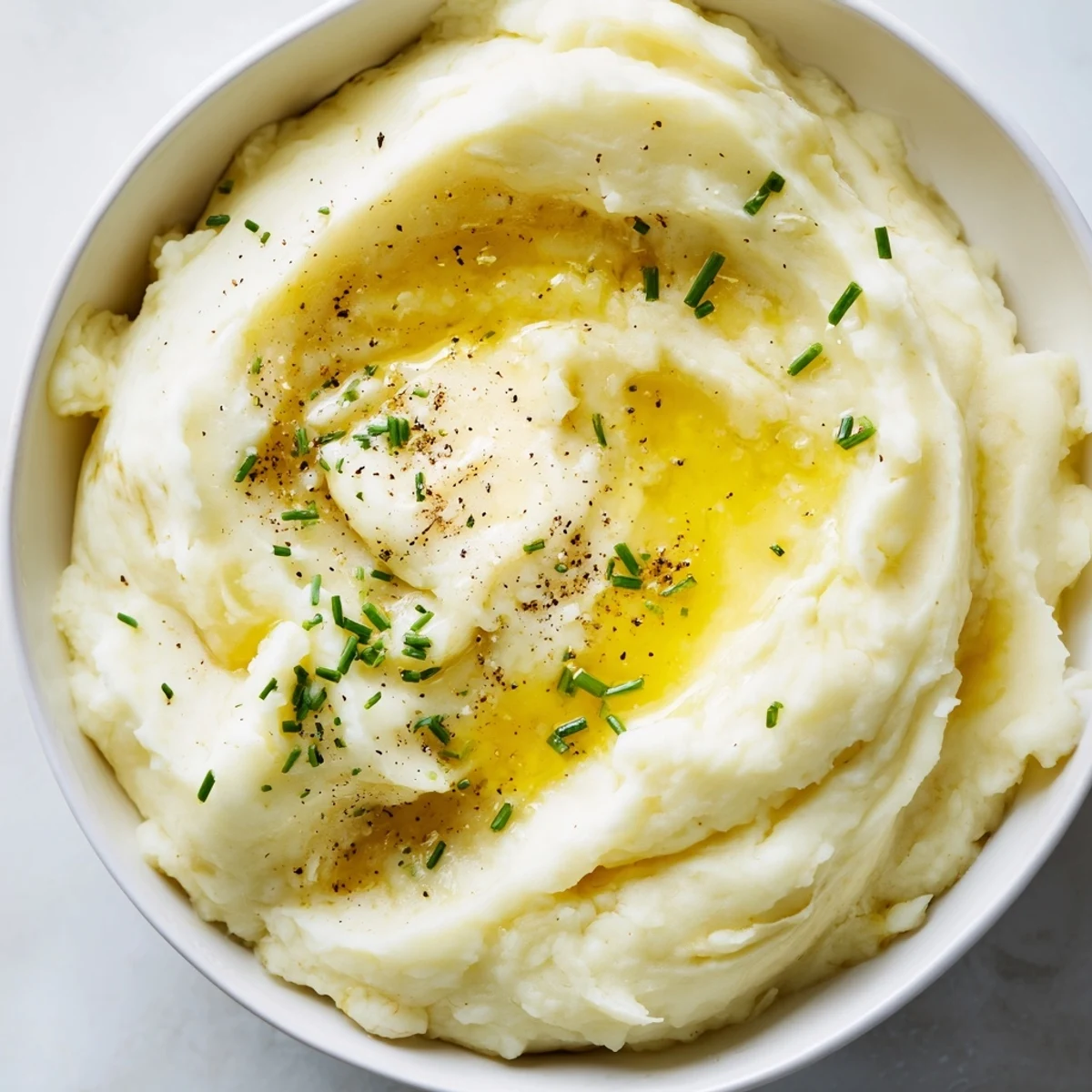 Creamy velvety mashed potatoes piled in a bowl with melting butter on top