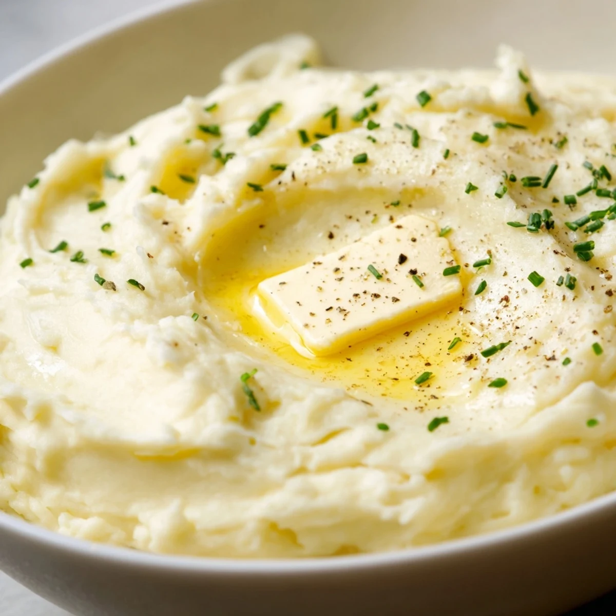Smooth velvety mashed potatoes with a pat of golden butter and fresh chives
