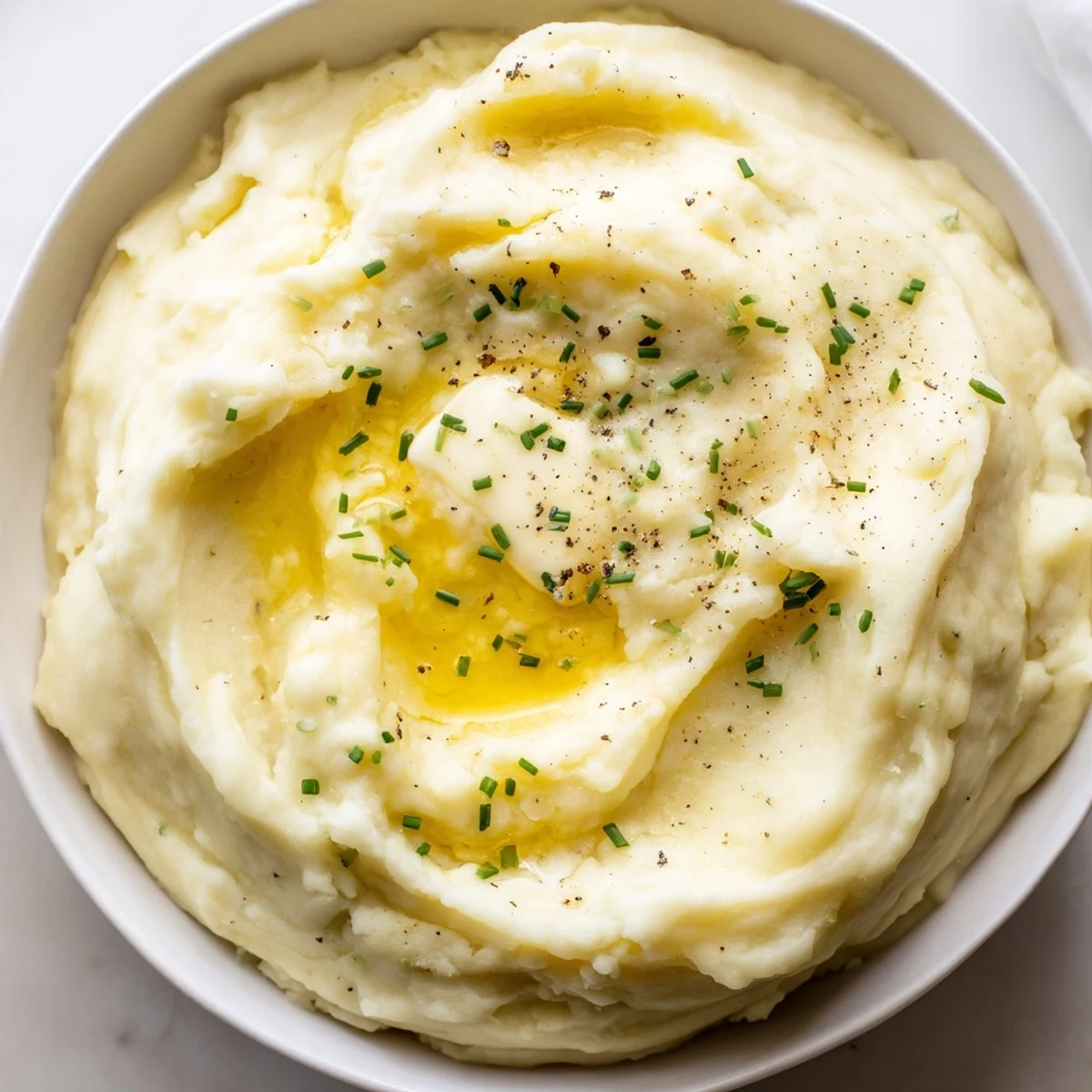 Warm velvety mashed potatoes served in a rustic dish, perfectly smooth and comforting