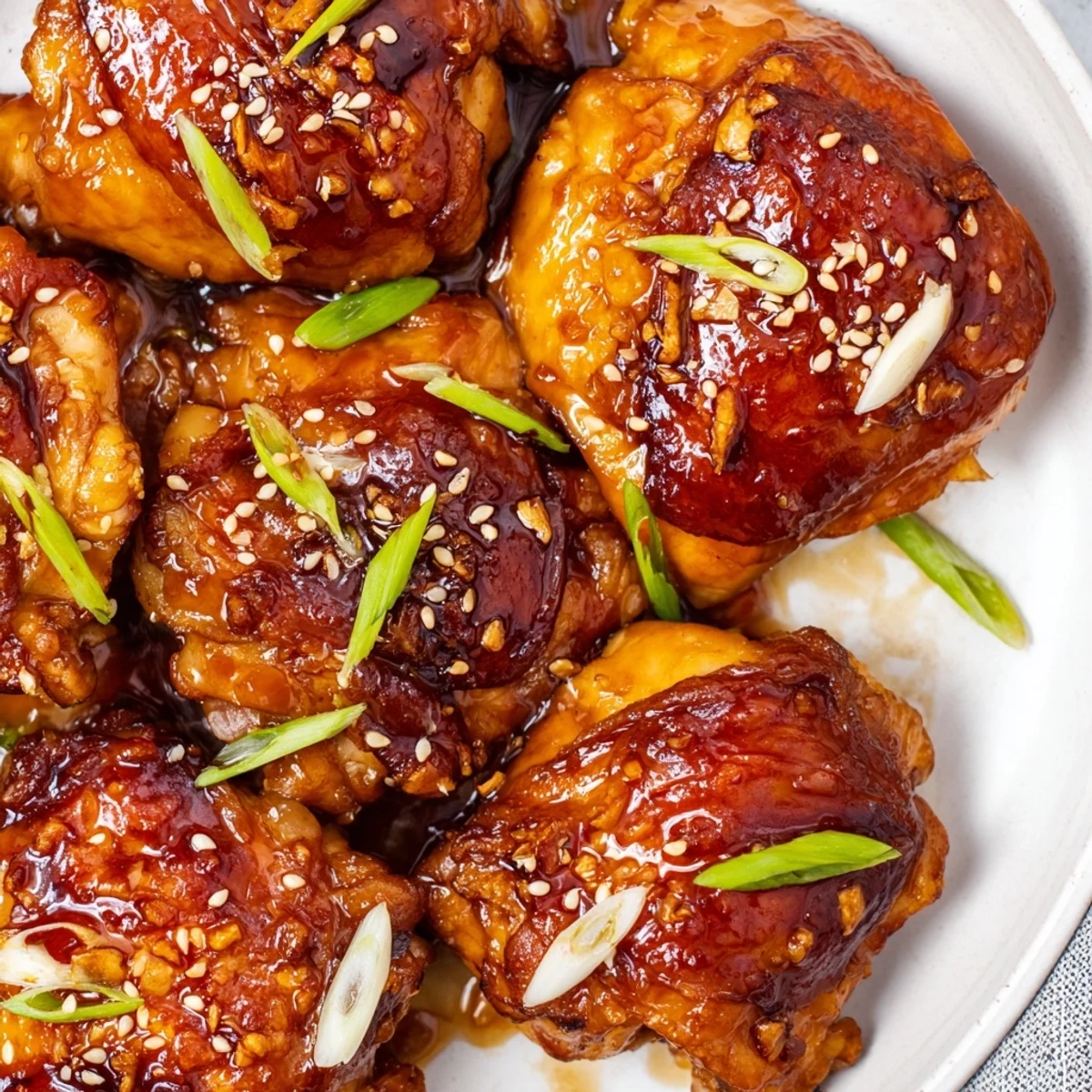 Golden ginger garlic chicken thighs baking in a rich, caramelized marinade on a sheet pan