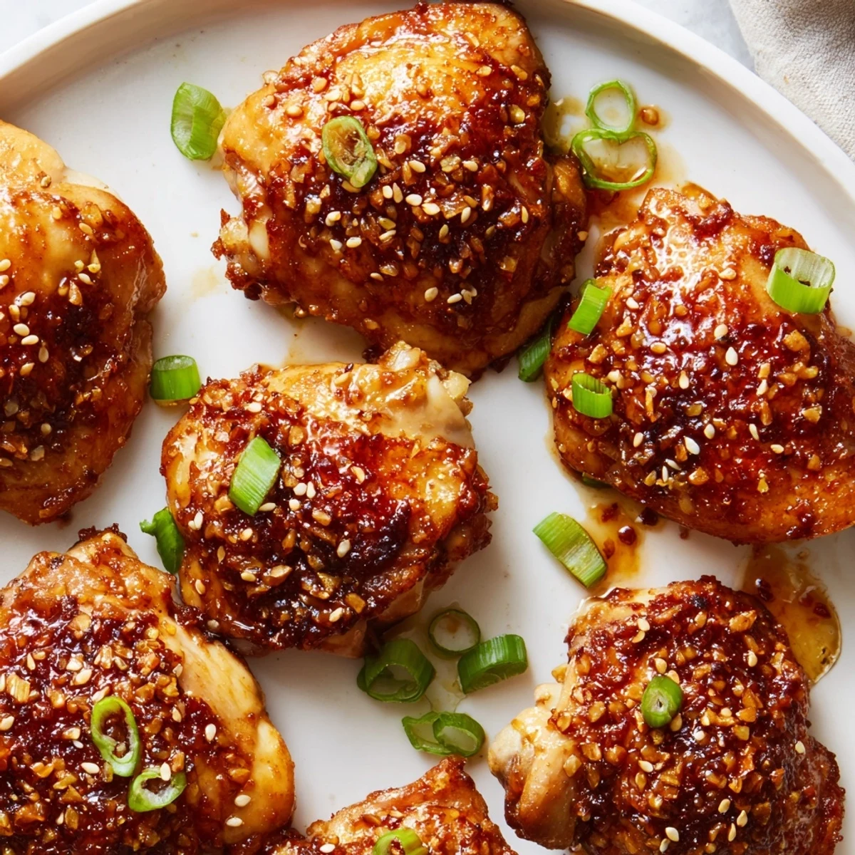 Crispy-skinned ginger garlic chicken thighs garnished with green onions and sesame seeds