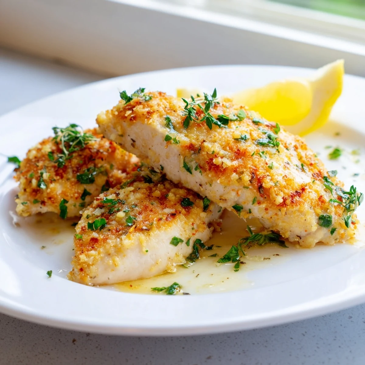 Golden garlic butter baked chicken breast glistening with herbs in a rustic baking dish