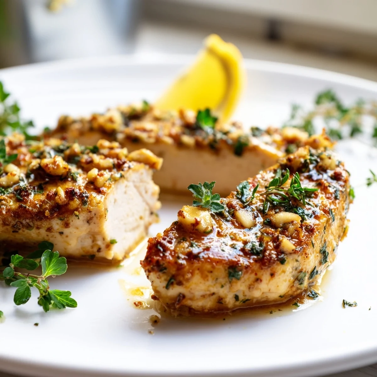 Juicy garlic butter baked chicken breast plated alongside roasted vegetables and fresh lemon wedges