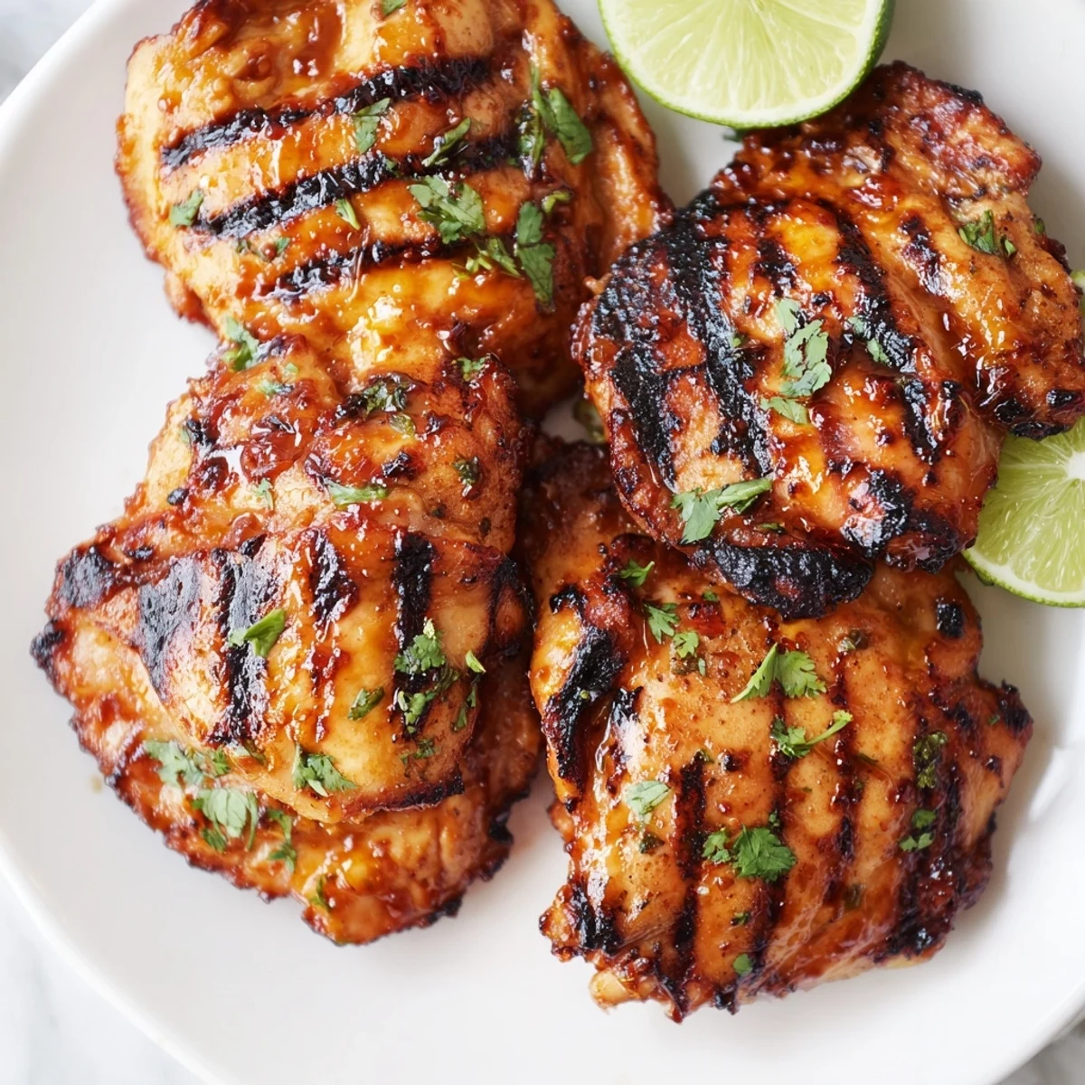 Charred sweet n spicy grilled chicken thighs glistening with honey glaze on a smoky grill