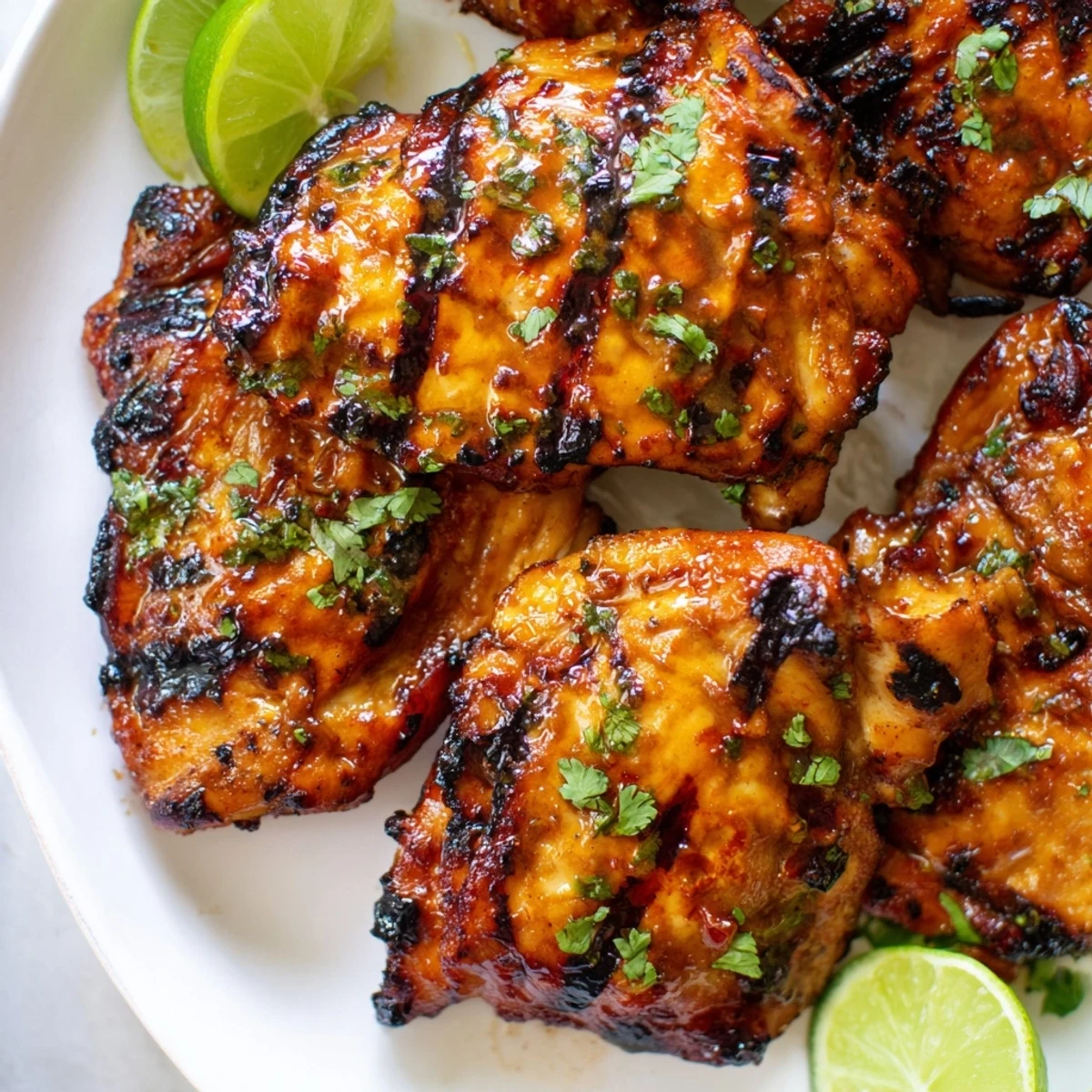 Golden crispy sweet n spicy grilled chicken thighs garnished with fresh cilantro and lime