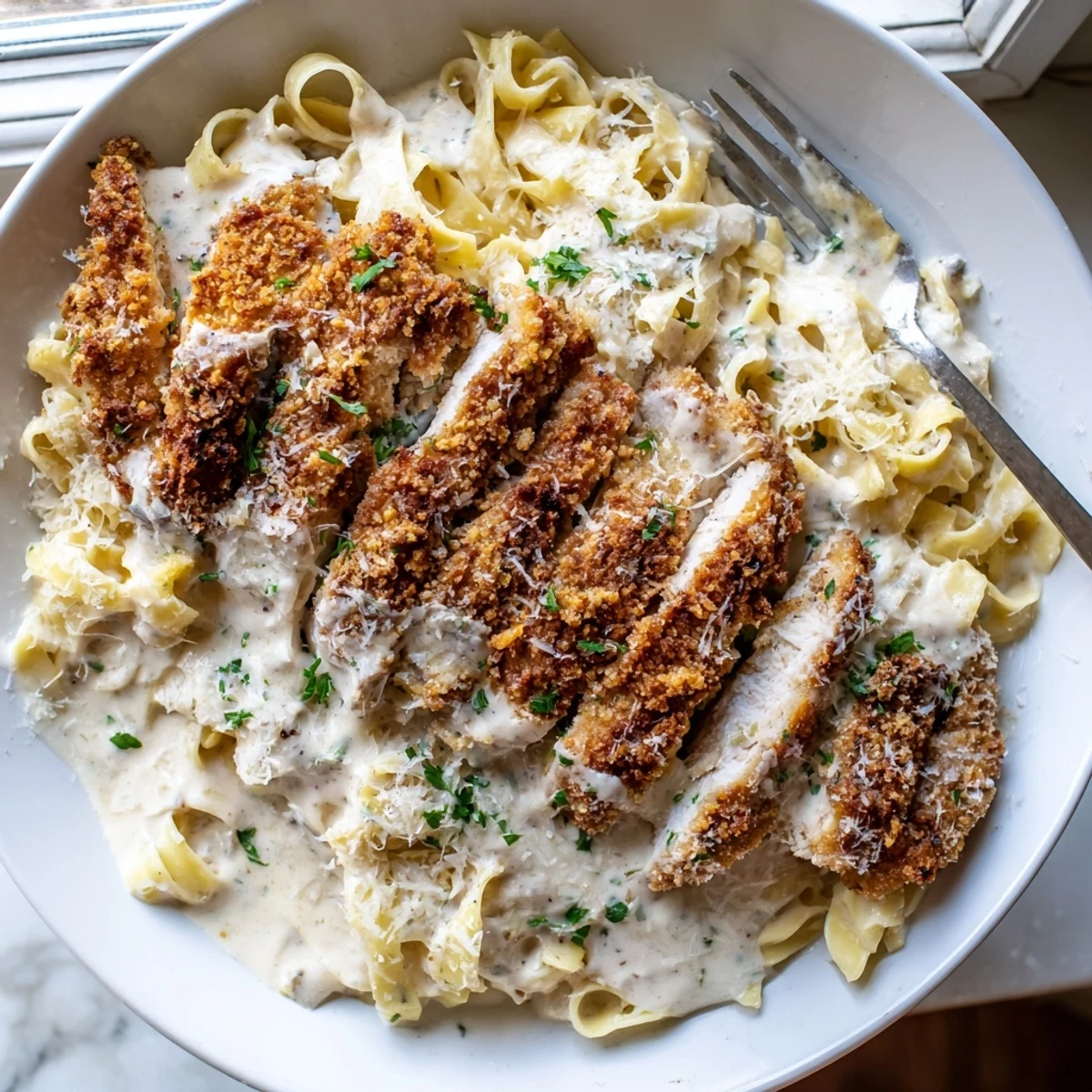 Crispy chicken Alfredo with golden breaded cutlets resting on creamy Parmesan fettuccine