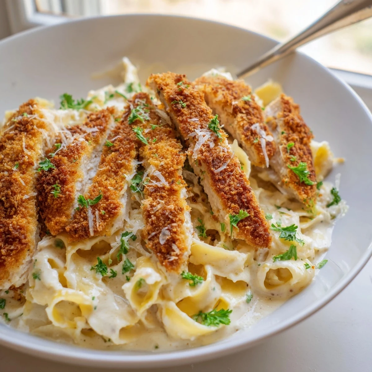 Breaded parmesan-crusted chicken sliced over creamy Alfredo pasta on a rustic dinner plate