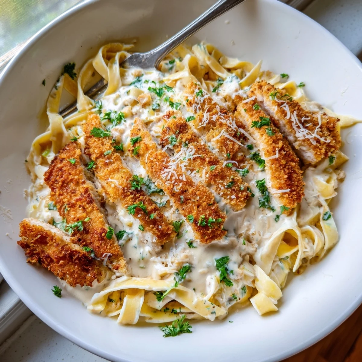 Golden crispy chicken Alfredo served in a white bowl with fresh parsley garnish