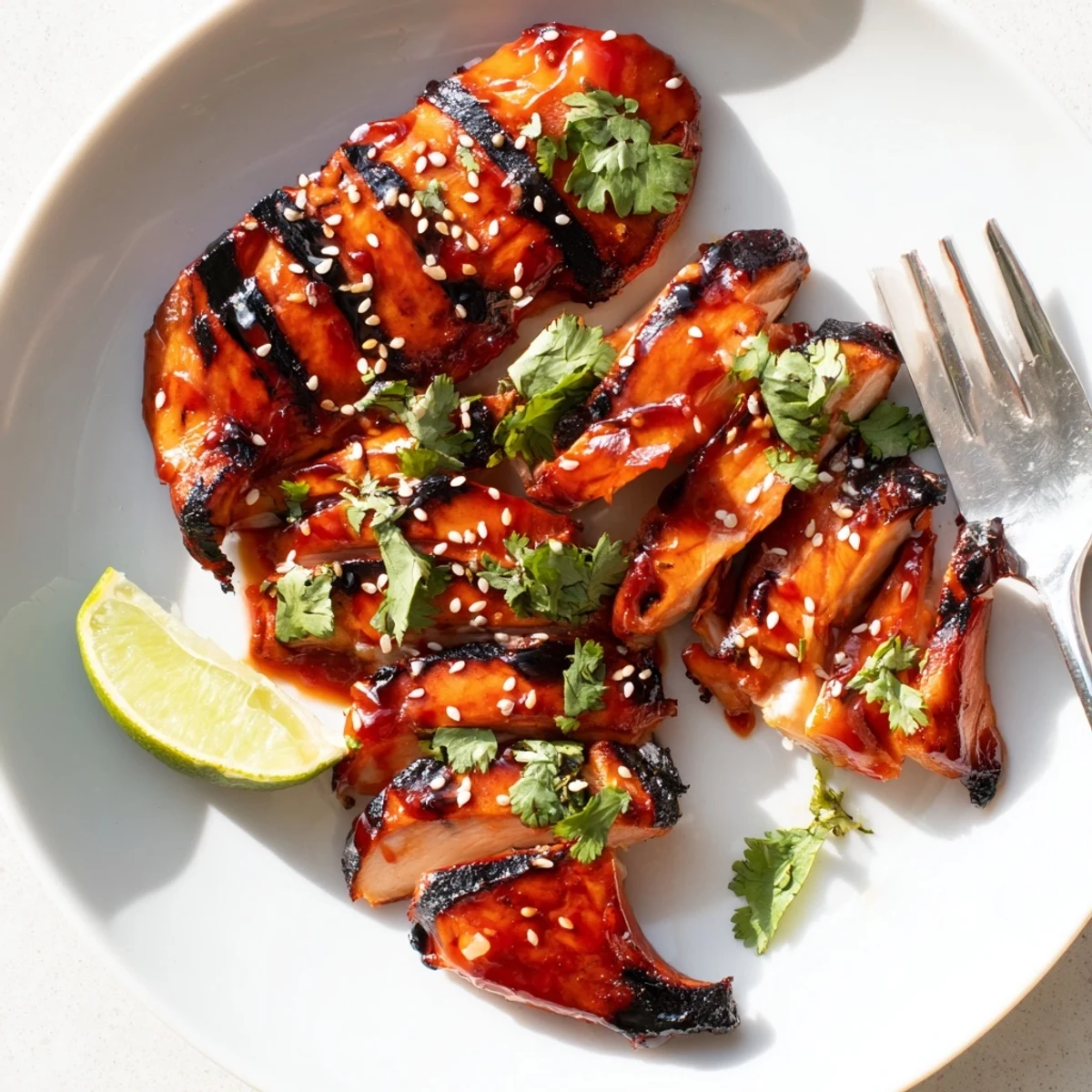 Sweet Chili Grilled Chicken with glossy glaze, fresh cilantro, and sesame seeds on a rustic plate