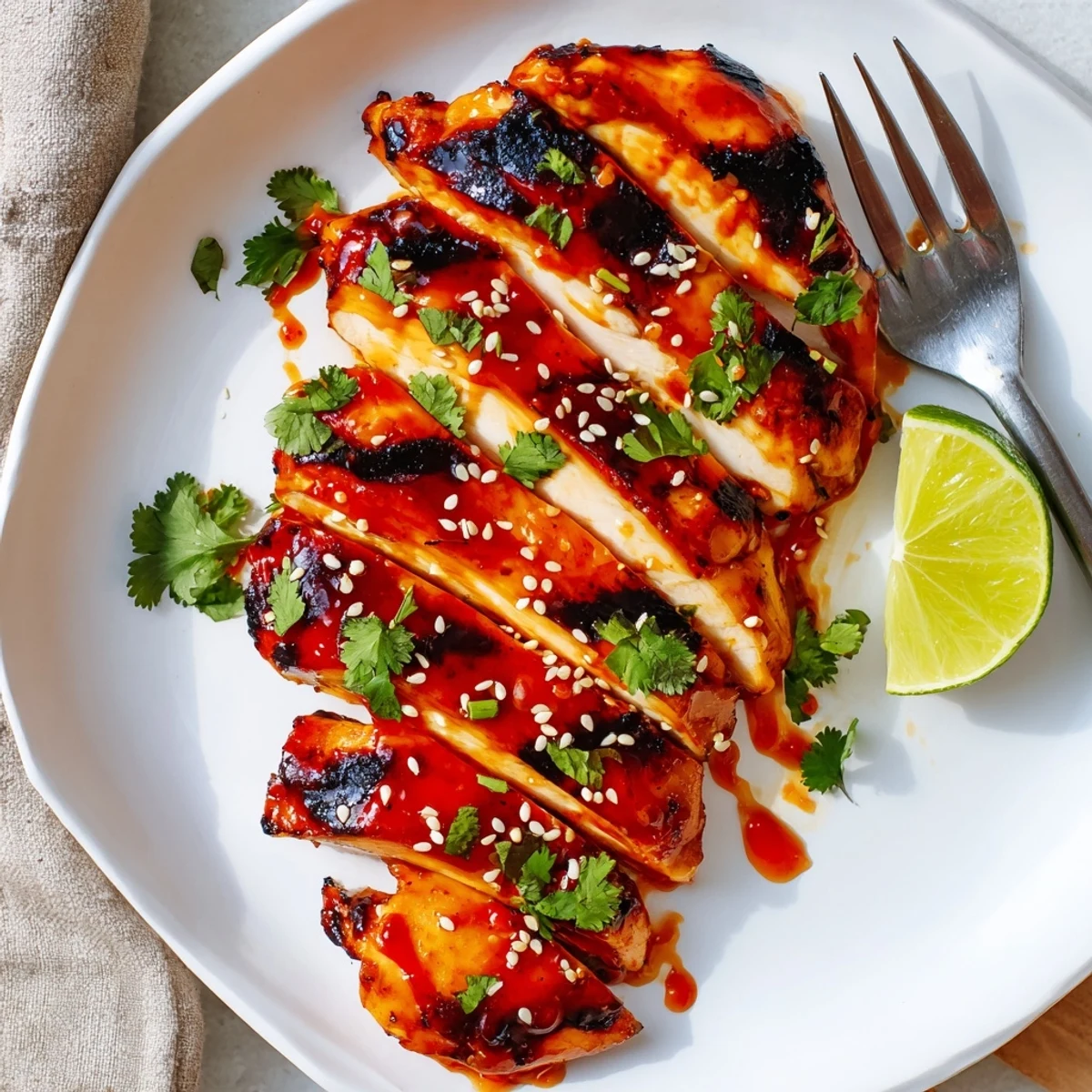 Juicy Sweet Chili Grilled Chicken sliced open, drizzled with sticky sauce and served with lime wedges