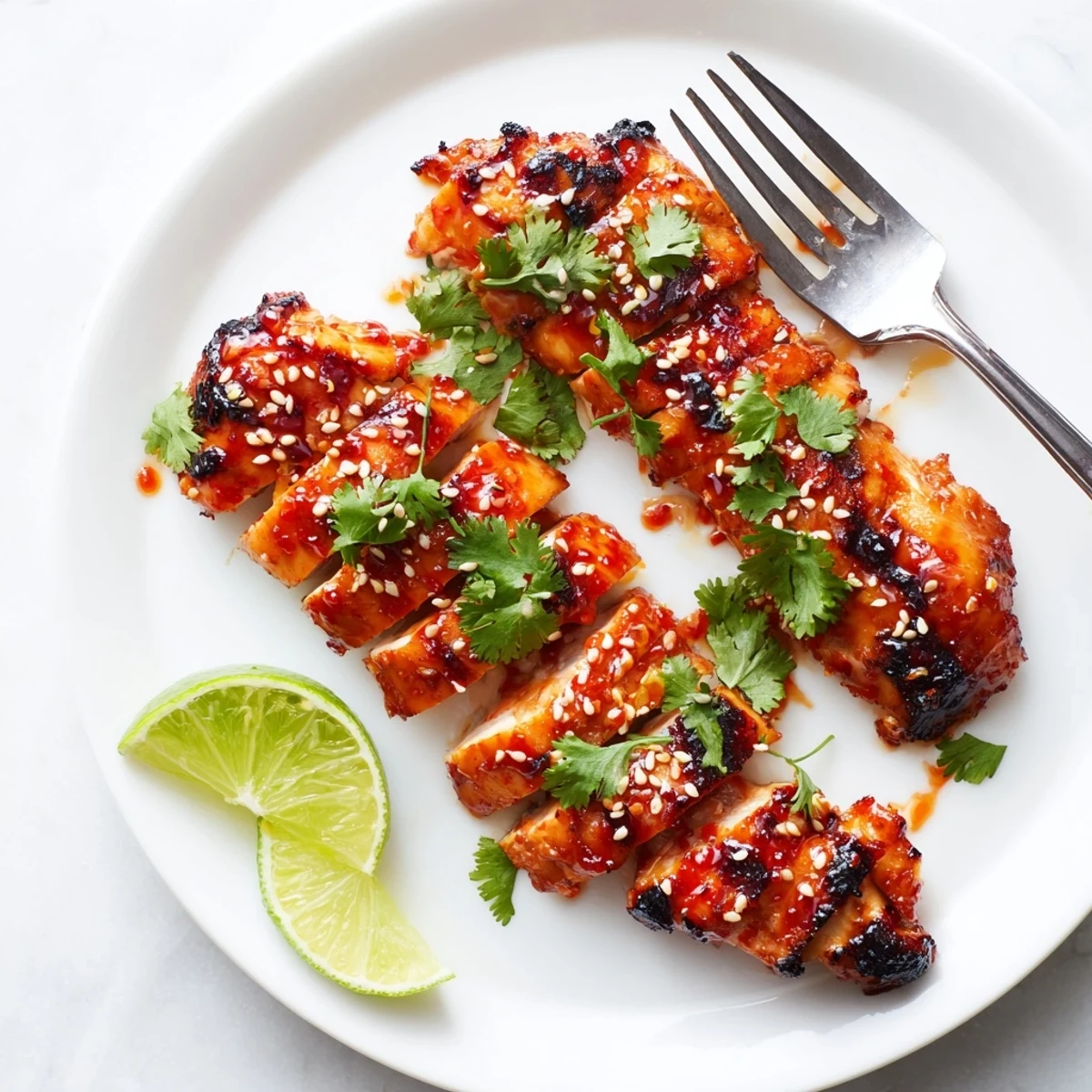 Golden Sweet Chili Grilled Chicken resting on a cutting board beside grilled vegetables and jasmine rice