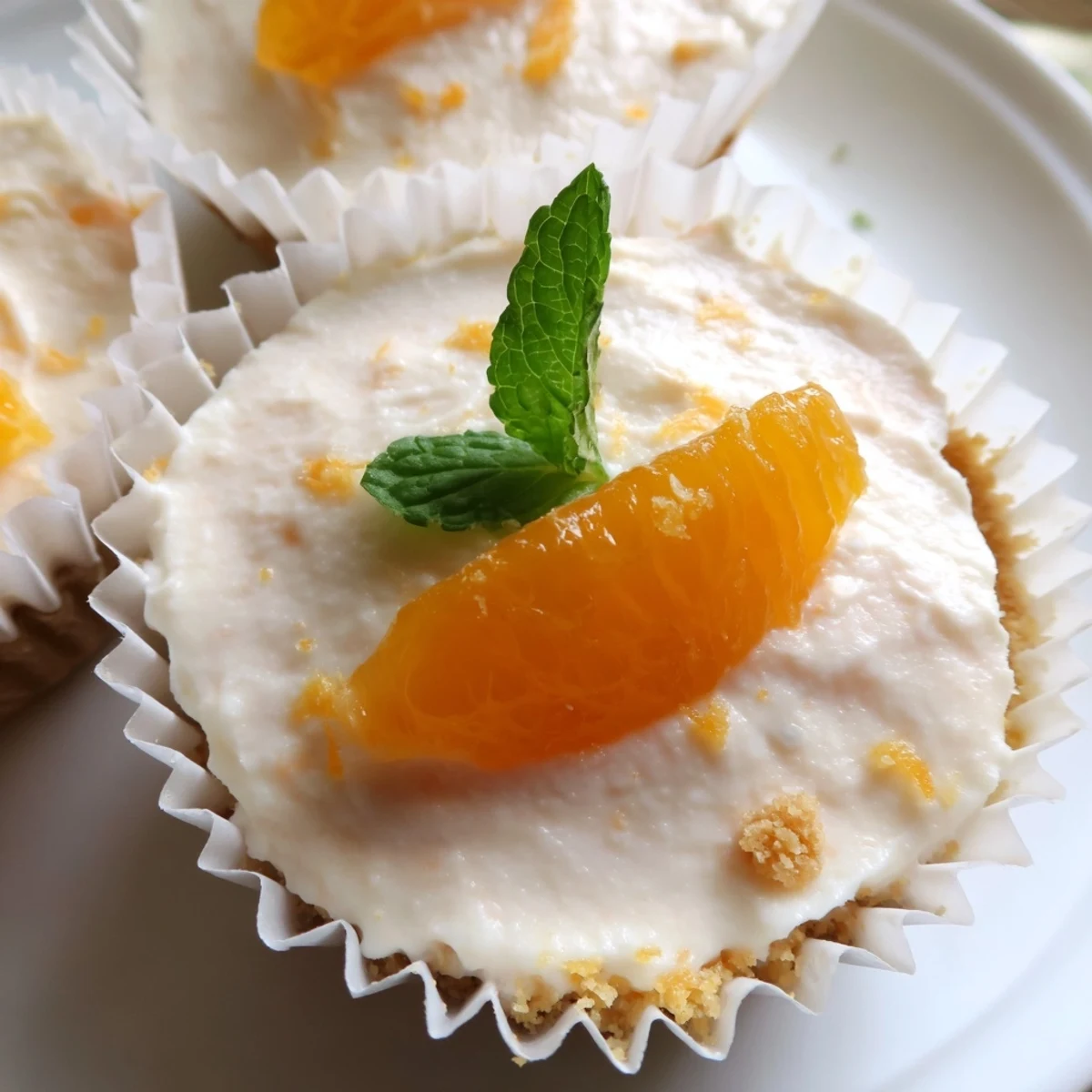 Smooth citrus mini no bake orange cheesecakes in paper liners dusted with bright orange zest