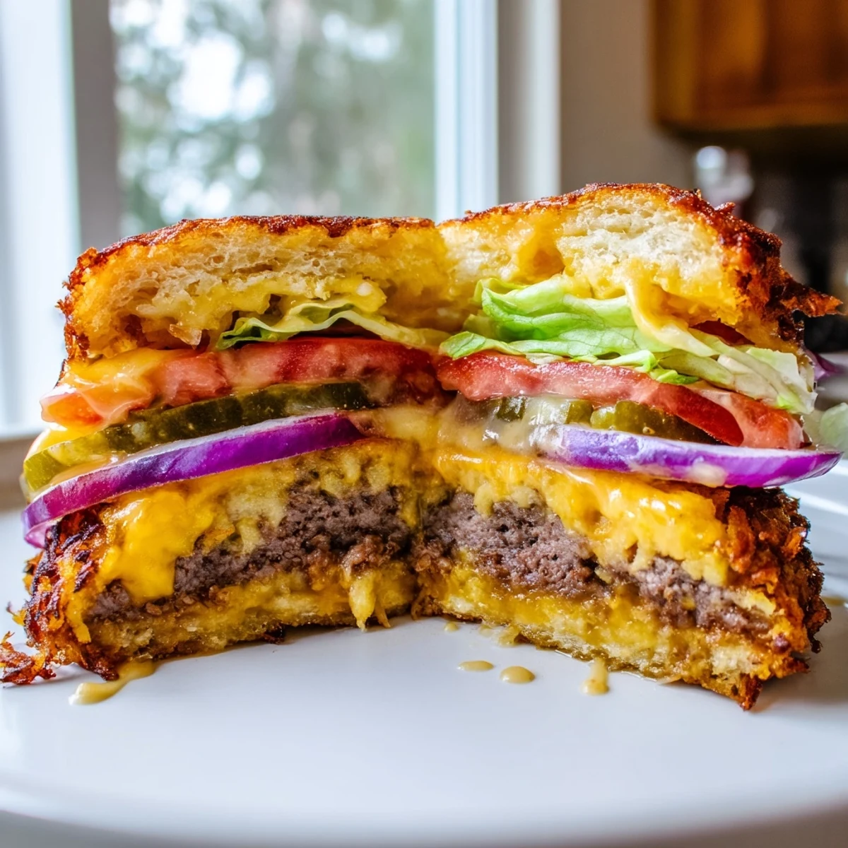 Juicy crispy hash brown smash burgers with melted cheddar on a toasted bun