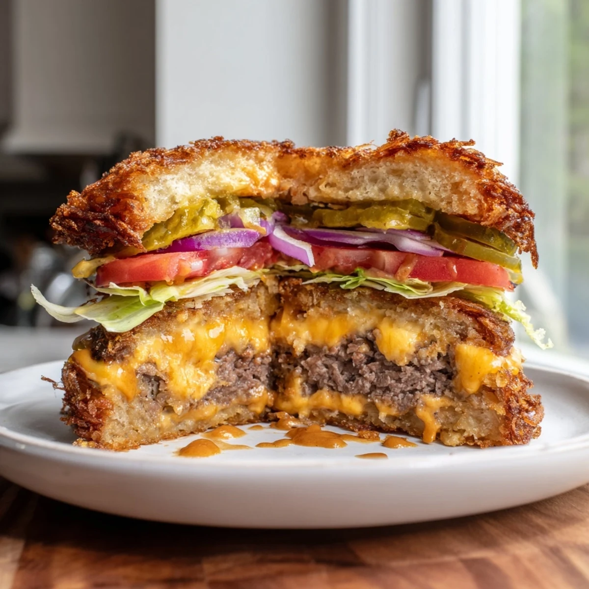 Golden crispy hash brown smash burgers loaded with pickles tomato and melty cheese