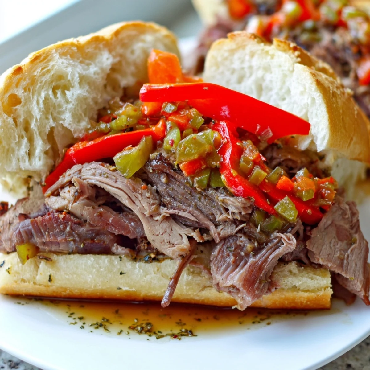 Juicy Chicago Style Italian Beef sandwich dripping with savory au jus on a crusty roll