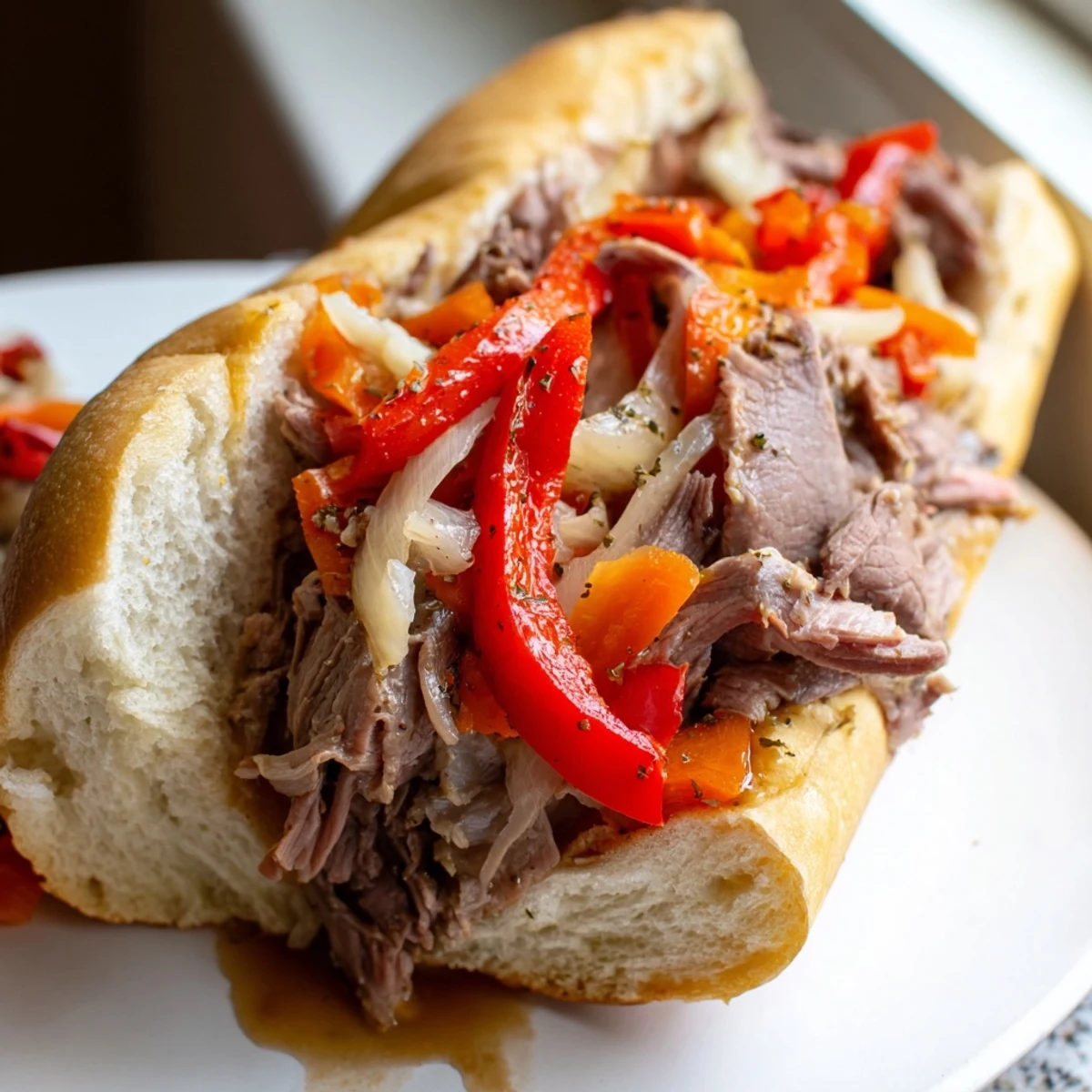 Heaped Chicago Style Italian Beef loaded with giardiniera and melted sweet peppers