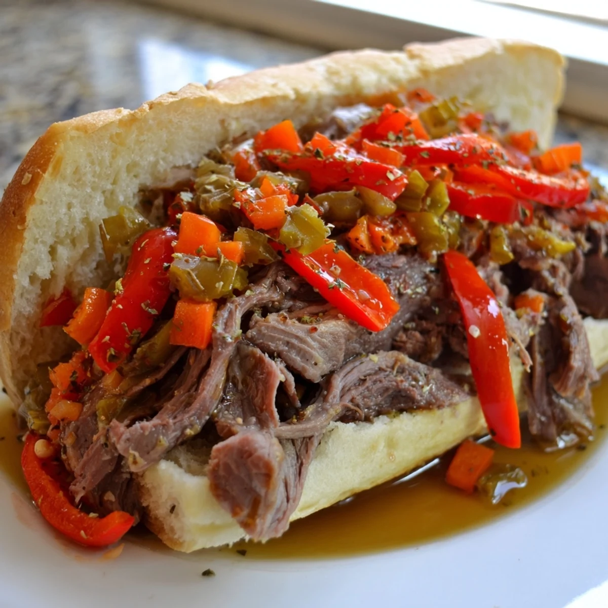Tender sliced Chicago Style Italian Beef soaked in rich broth beside golden toasted bread