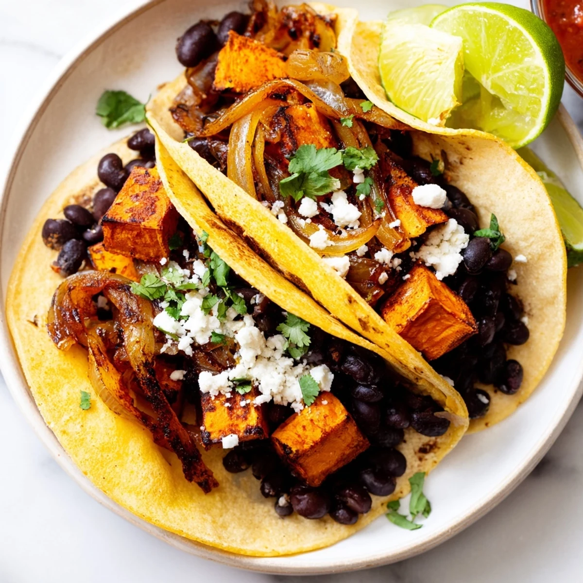 Golden crispy sweet potato bean tacos topped with caramelized onions and fresh cilantro