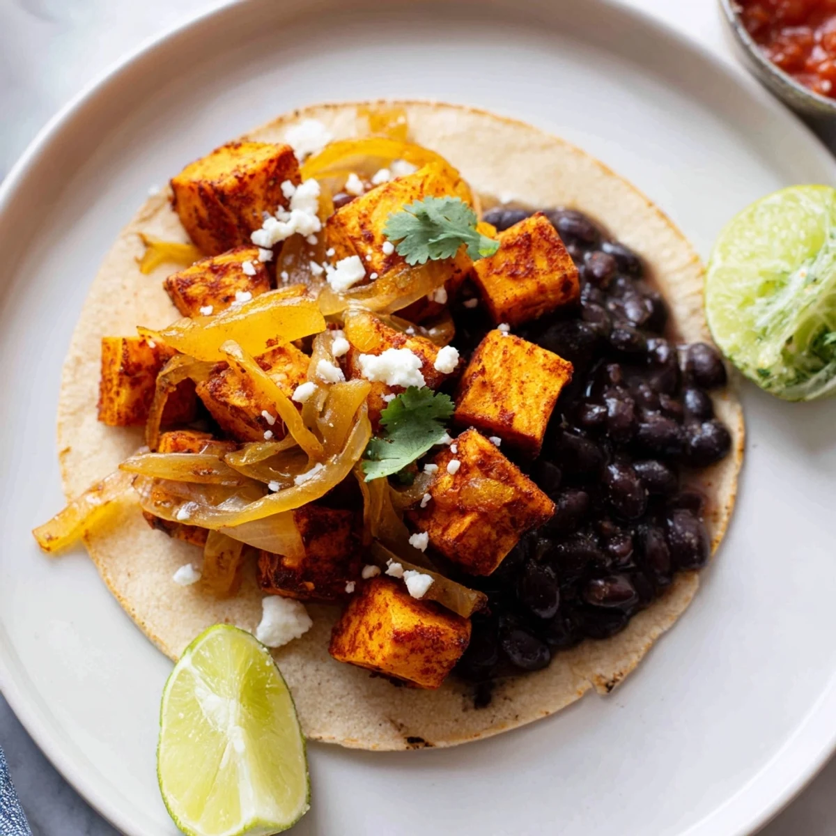 Warm tortillas filled with roasted sweet potatoes, seasoned black beans, and sautéed onions