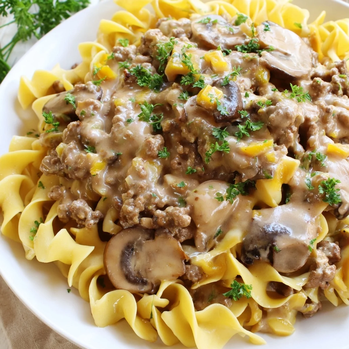Hearty hamburger stroganoff in a rich savory mushroom and sour cream sauce