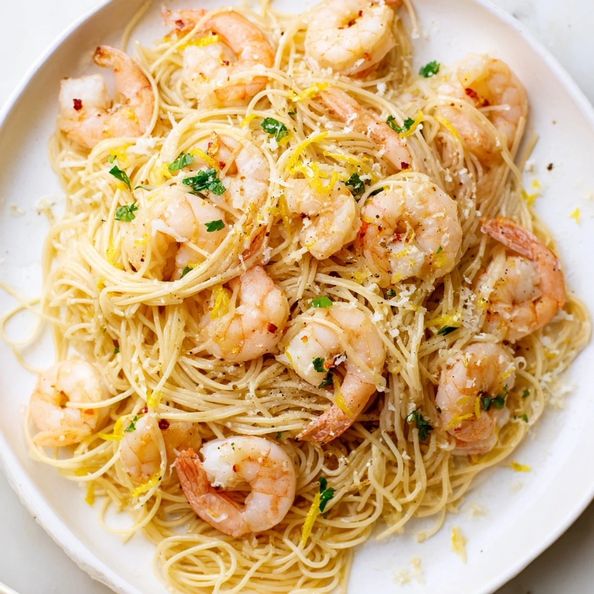 Golden garlic butter shrimp angel hair pasta tossed with fresh parsley and lemon wedges