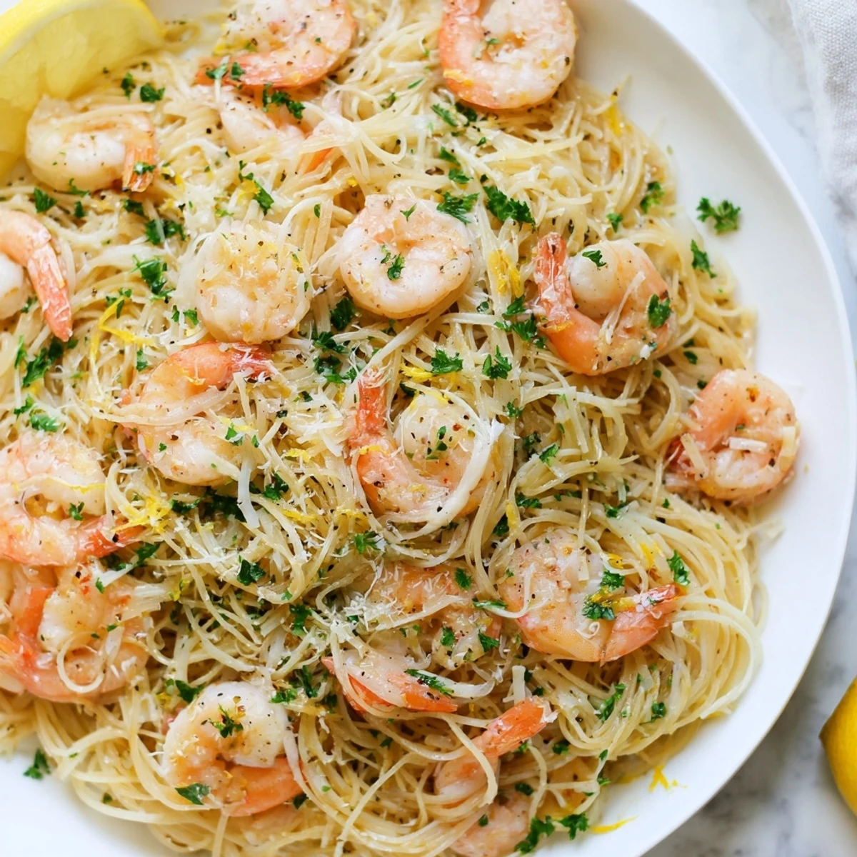 Plated garlic butter shrimp angel hair pasta glistening with parmesan and vibrant green herbs