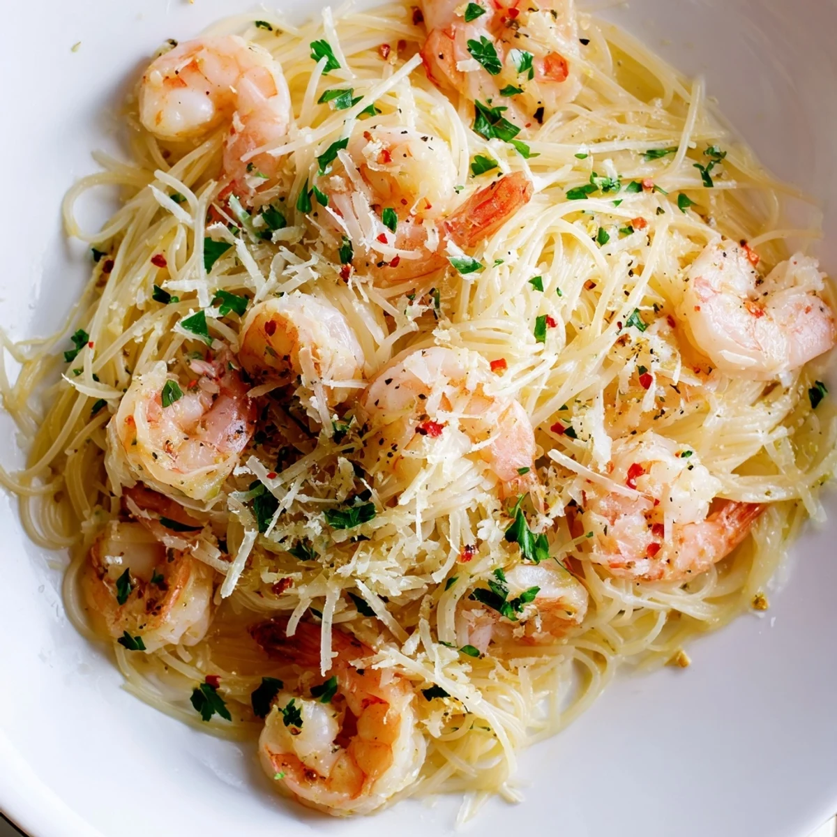 Steaming garlic butter shrimp angel hair pasta in a skillet with succulent pink shrimp