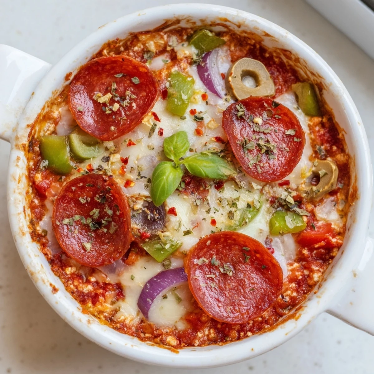 Cottage Cheese Pizza Bowl with bubbling mozzarella, tomatoes, and fresh basil garnish