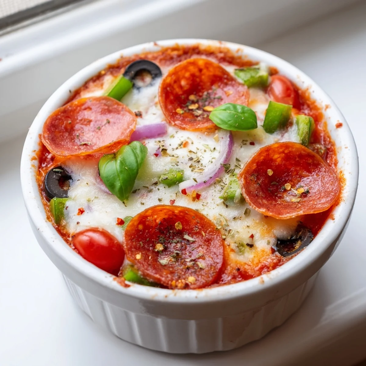 Warm cottage cheese pizza bowl loaded with peppers, olives, and golden melted cheese
