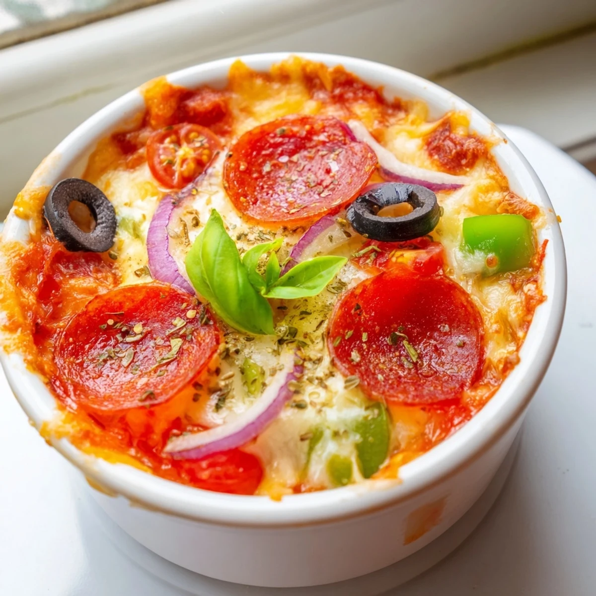 Creamy cottage cheese pizza bowl topped with marinara, pepperoni, and bubbling Parmesan