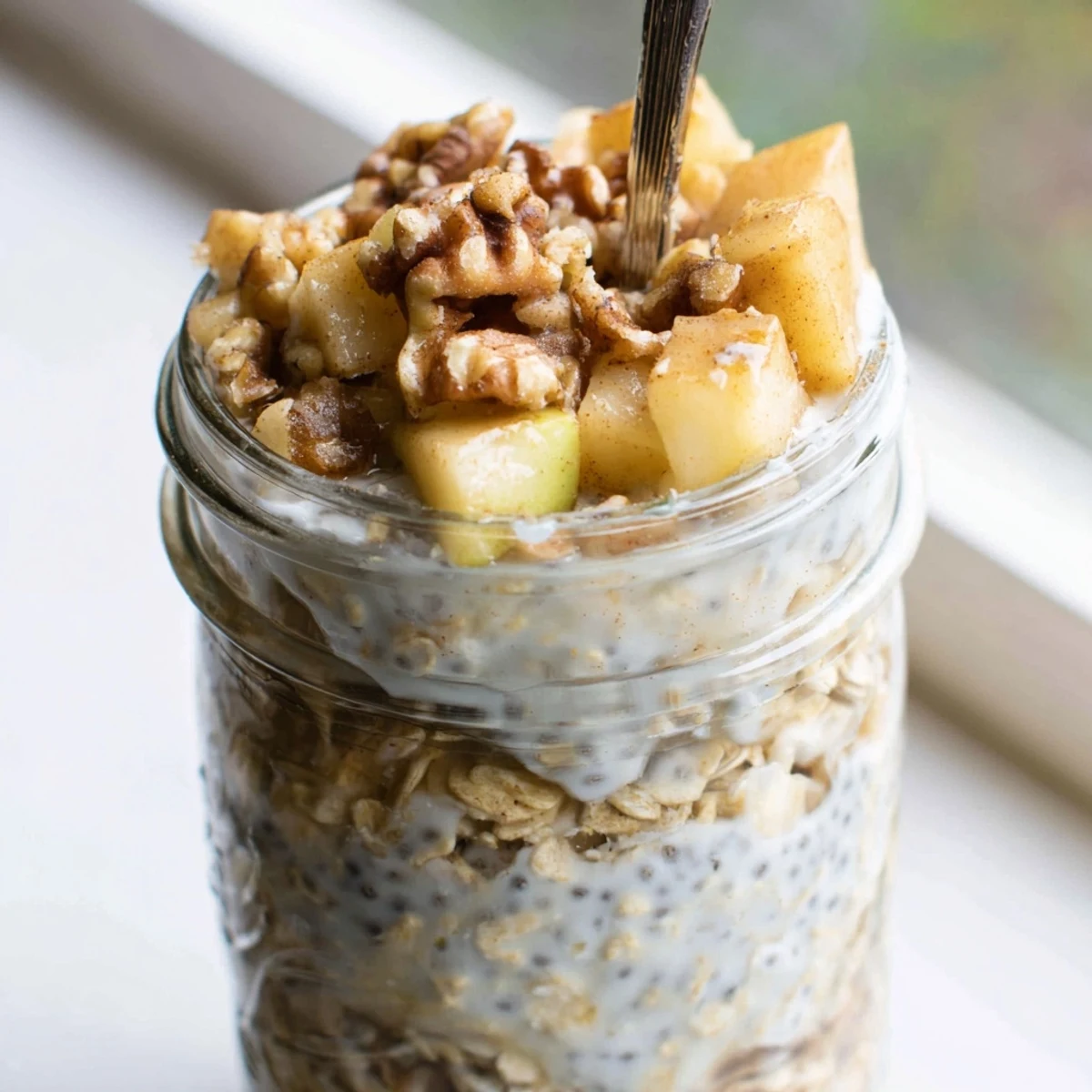 Creamy apple crumble overnight oats layered in a glass jar with cinnamon-spiced apples
