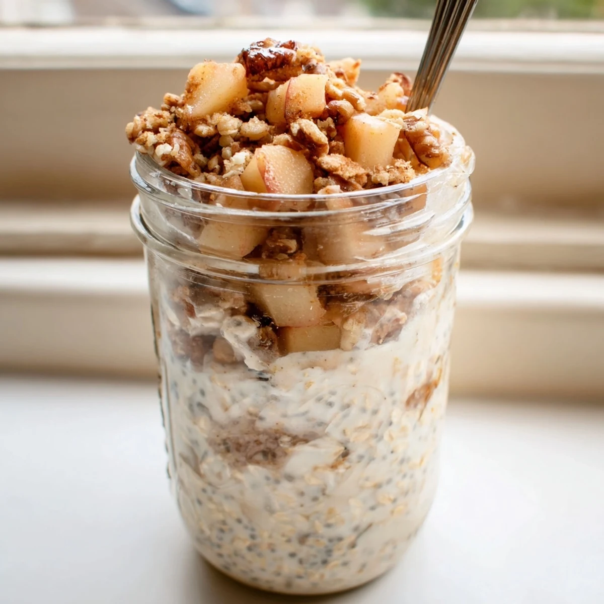 Apple crumble overnight oats topped with crunchy walnut crumble and sweet diced apples