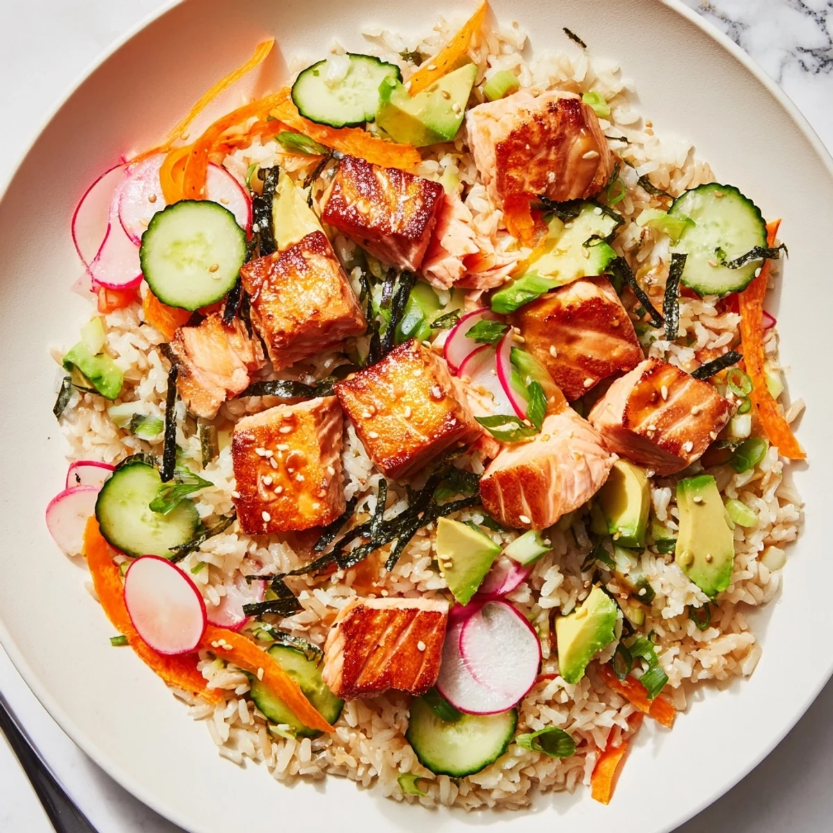 Golden crispy salmon rice salad drizzled with tangy ginger dressing and fresh vegetables