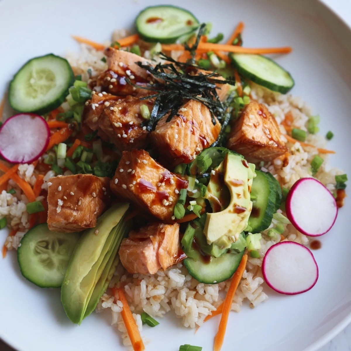 Crispy salmon rice salad topped with sliced avocado radishes and sesame seeds