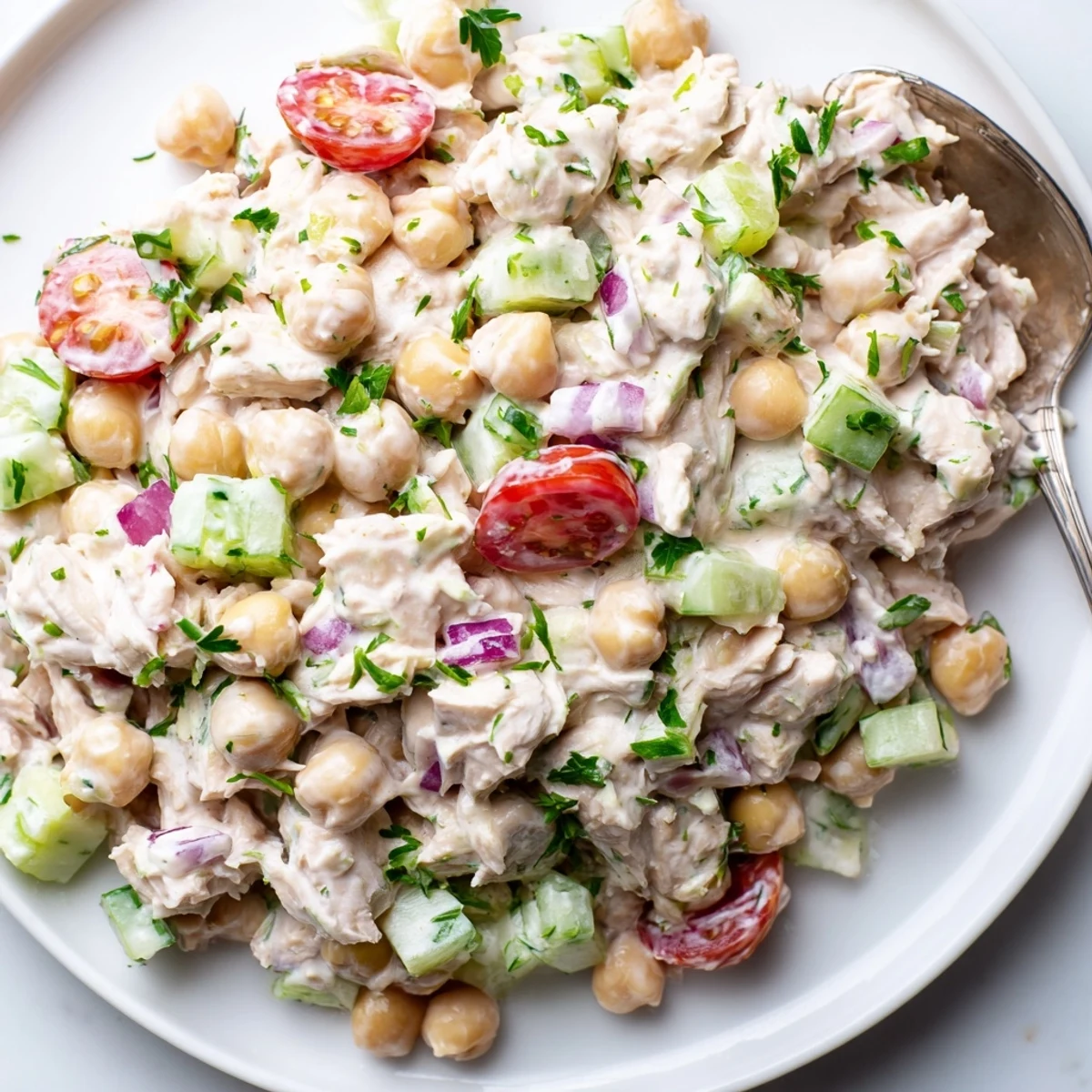 Creamy tuna chickpea cucumber salad served in a rustic bowl with fresh parsley garnish