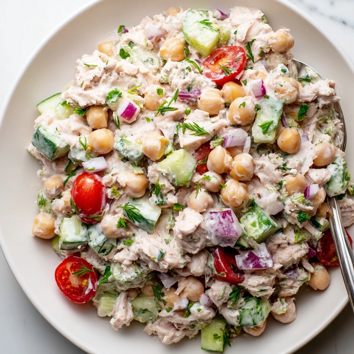 A close-up of creamy tuna chickpea cucumber salad topped with halved cherry tomatoes