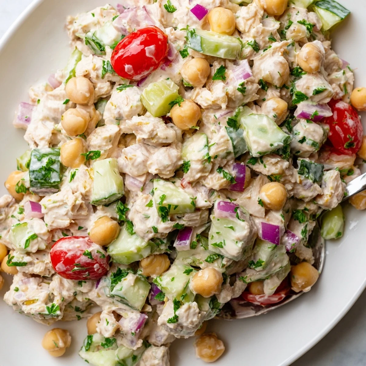 Creamy tuna chickpea cucumber salad scooped into a pita pocket for a healthy lunch