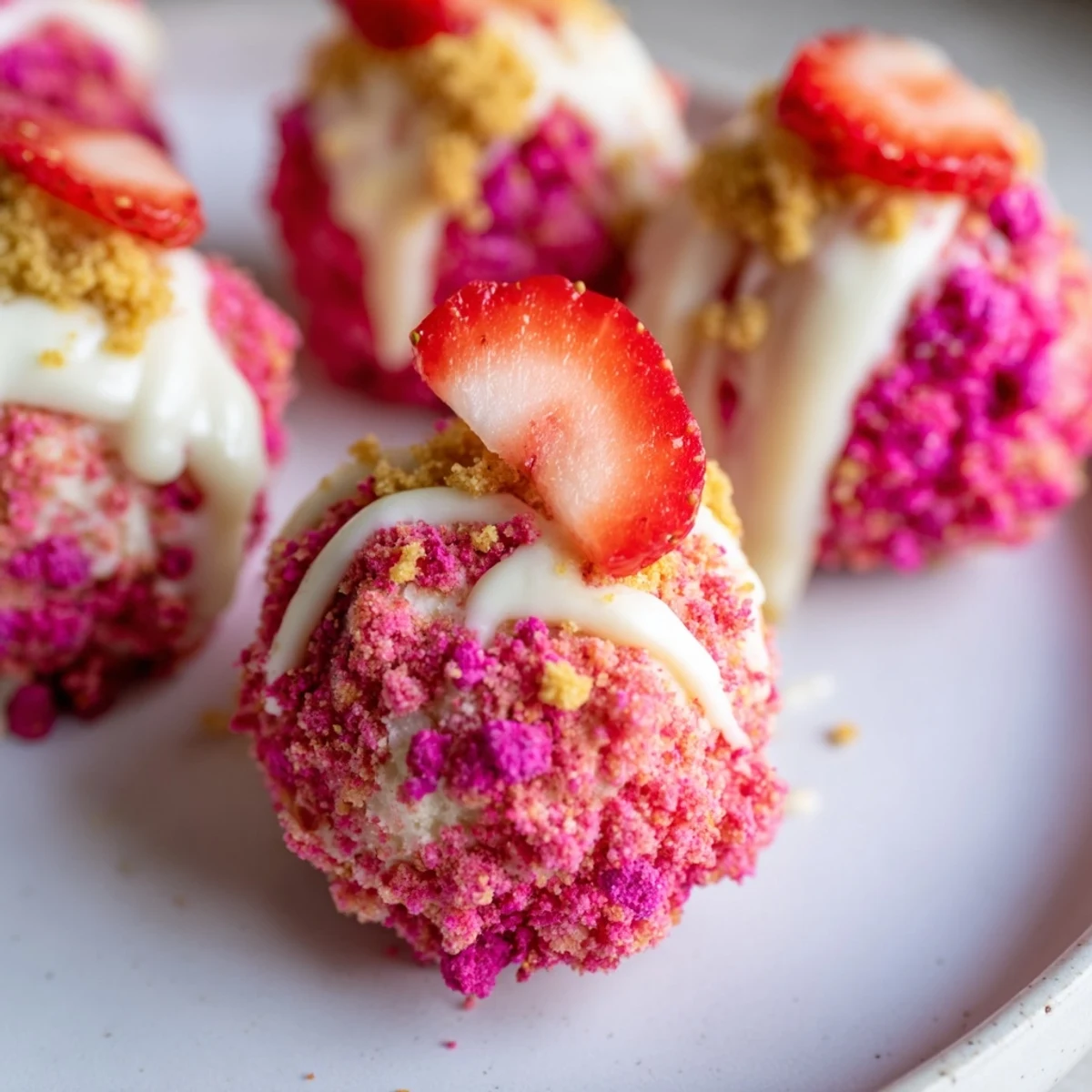 Creamy strawberry crunch cheesecake bites coated in golden cookie crumbs on a tray