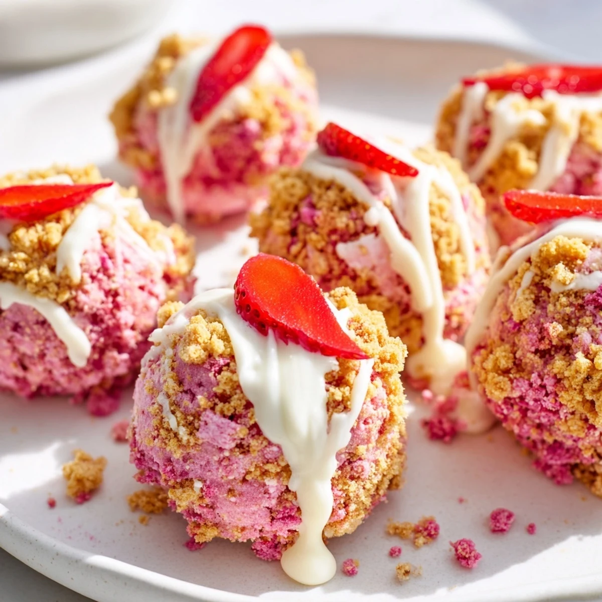 Mini strawberry crunch cheesecake bites drizzled with white chocolate and topped with berries