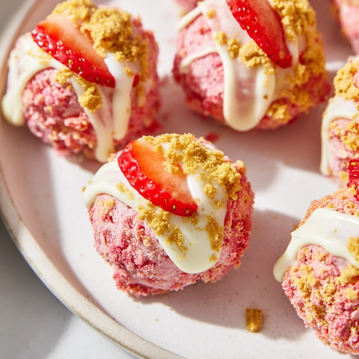 No-bake strawberry crunch cheesecake bites with a vibrant pink coating ready for serving