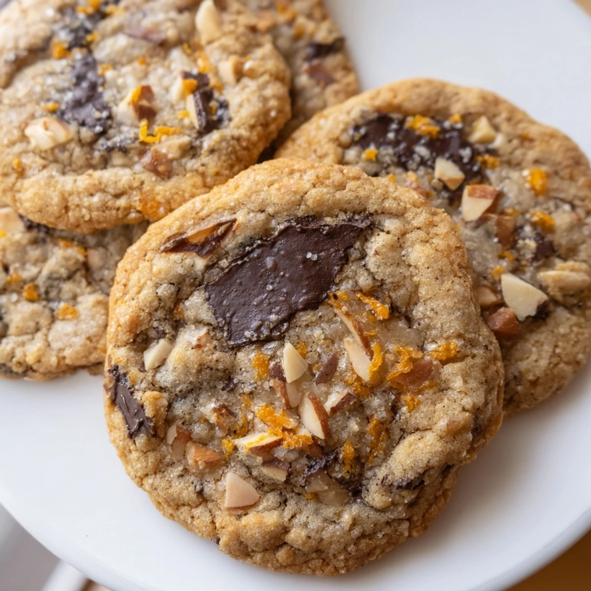 Orange almond chocolate chunk cookies with gooey melted pools on a rustic baking sheet.