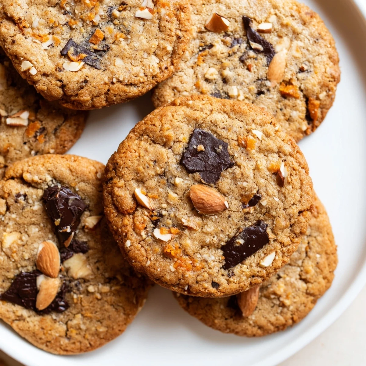 Crispy-edged orange almond chocolate chunk cookies studded with roasted nuts on a cooling rack.