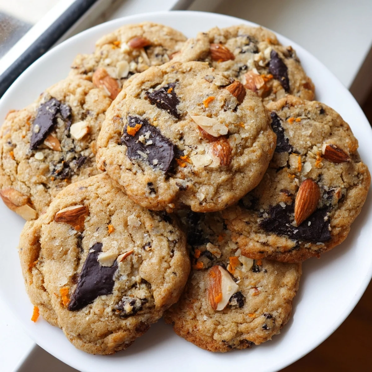 Golden orange almond chocolate chunk cookies piled on a plate with citrus zest sprinkled over top.